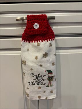 Crochet Top Kitchen Towel-Believe in magic of Christmas. Red topper